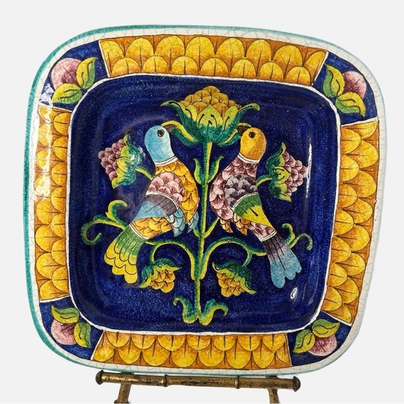 Vintage Italian Handpainted Stoneware Serving Dish Wall Hanging Floral Birds - Picture 1 of 6